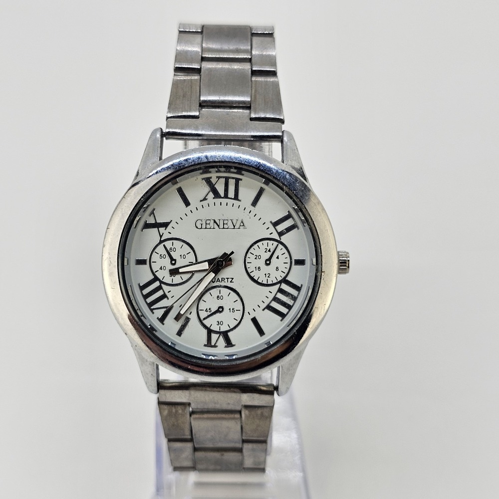 Women's Watch 36MM Analog White Dial Gray Metal Bands 7.25" NEW Battery
